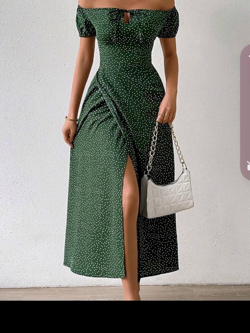 SHEIN Green Polka Dot Off-Shoulder Maxi Dress with Side Slit